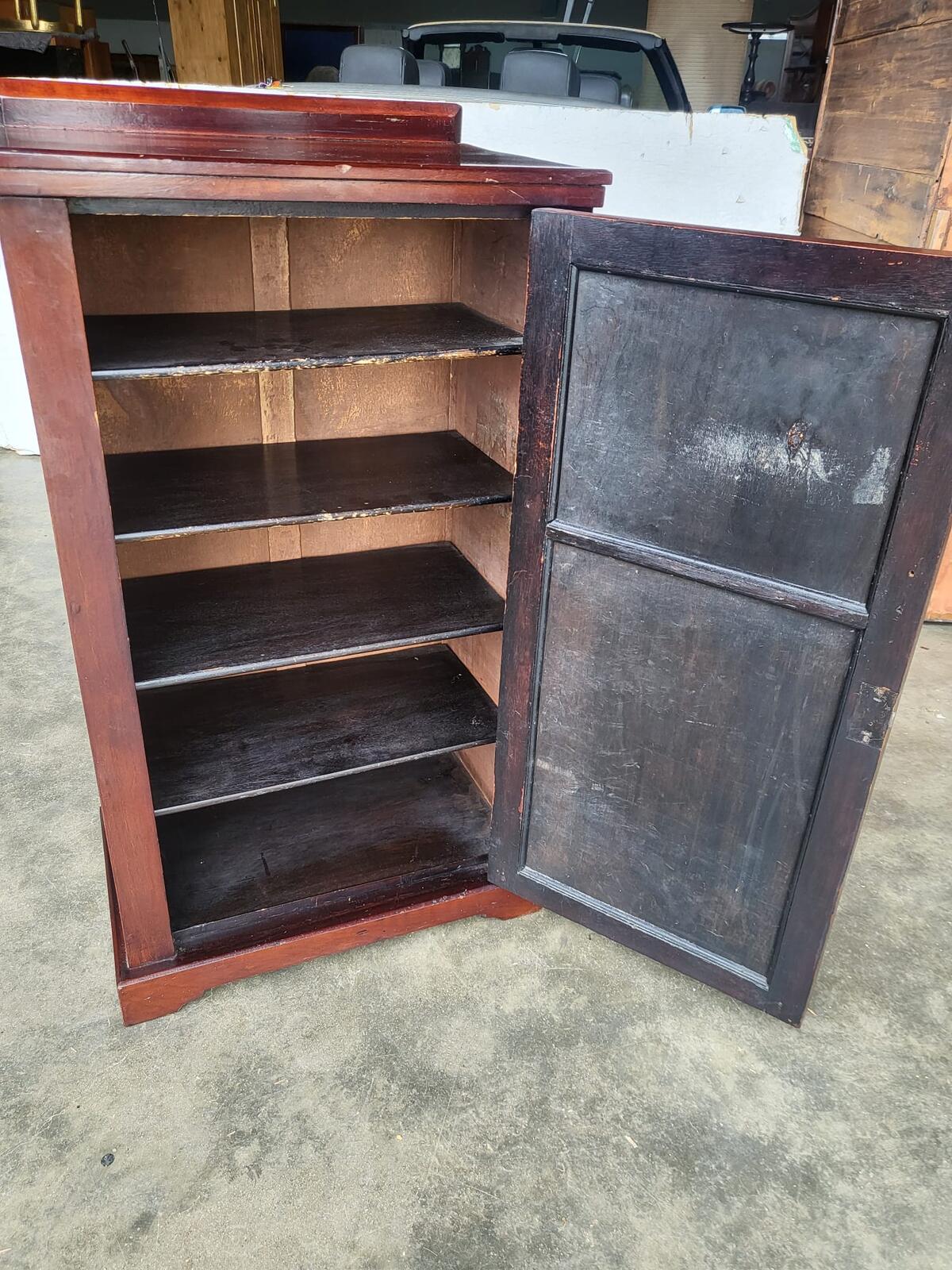 Antique tall small side end 1x door cabinet 5 shelves