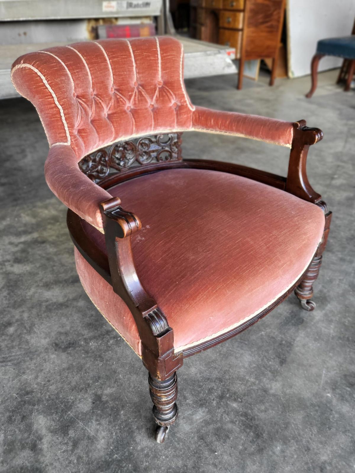 Antique upholstered bedroom tub arm chair legs castors