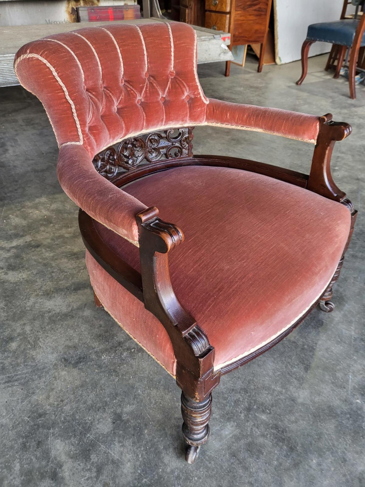 Antique upholstered bedroom tub arm chair legs castors