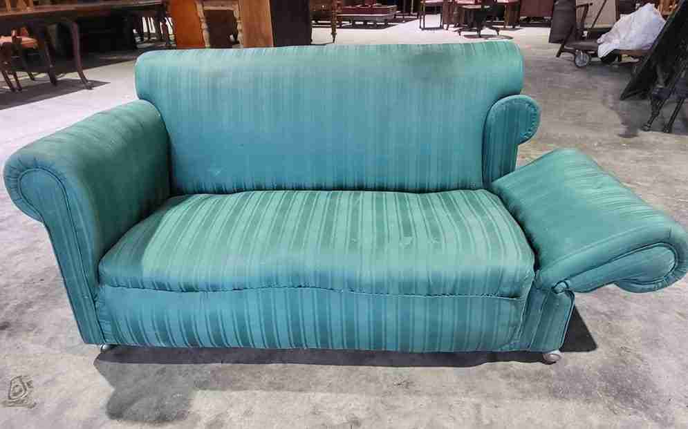 Antique Victorian small Drop side sofa green fabric castors day bed