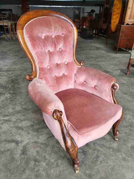 Antique Victorian small spoon back parlour arm chair cabriole legs castors