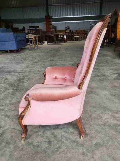 Antique Victorian small spoon back parlour arm chair cabriole legs castors
