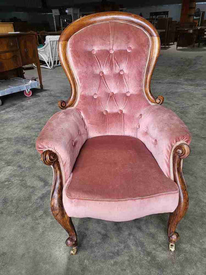Antique Victorian small spoon back parlour arm chair cabriole legs castors