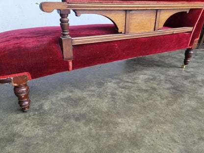 Antique Victorian red Chaise longue sofa turned legs castors