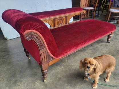 Antique Victorian red Chaise longue sofa turned legs castors
