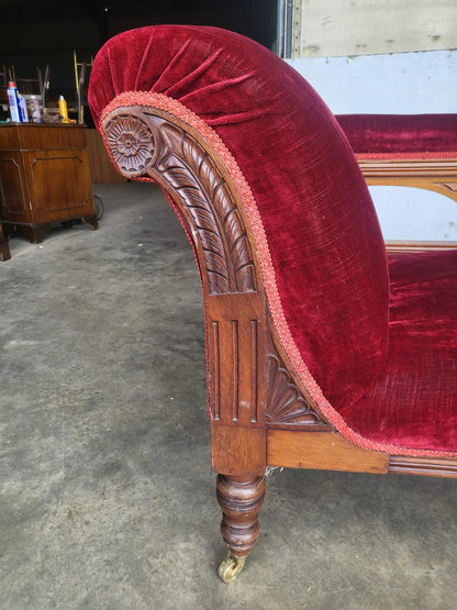Antique Victorian red Chaise longue sofa turned legs castors