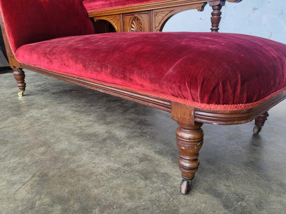 Antique Victorian red Chaise longue sofa turned legs castors