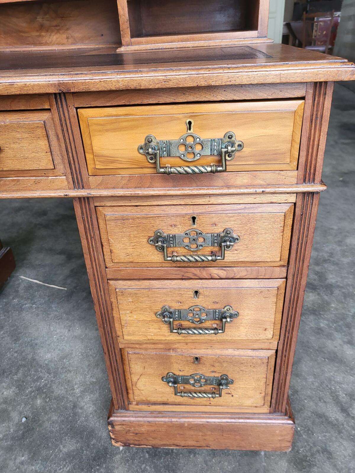 Antique Victorian twin pedestal desk gallery leather top