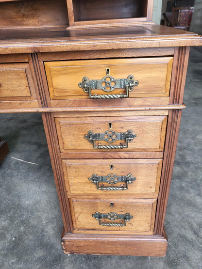 Antique Victorian twin pedestal desk gallery leather top