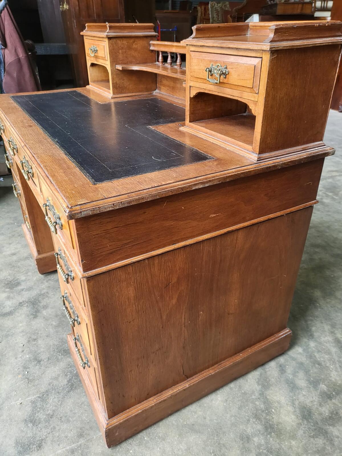 Antique Victorian twin pedestal desk gallery leather top