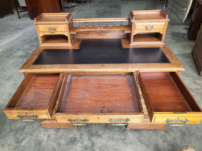 Antique Victorian twin pedestal desk gallery leather top