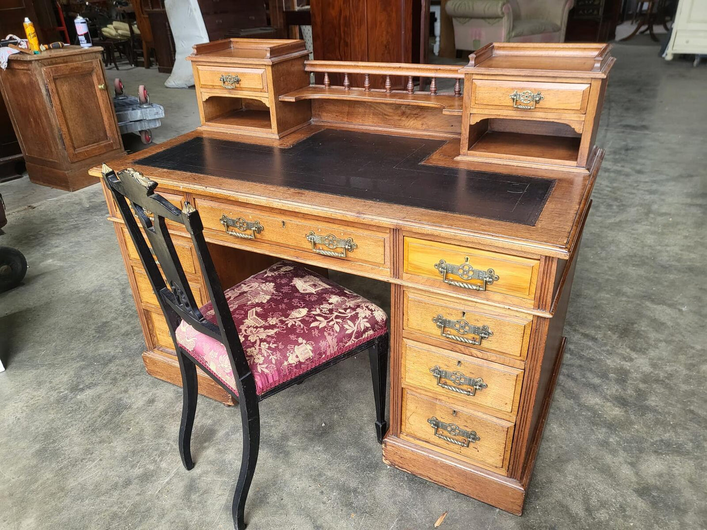 Antique Victorian twin pedestal desk gallery leather top