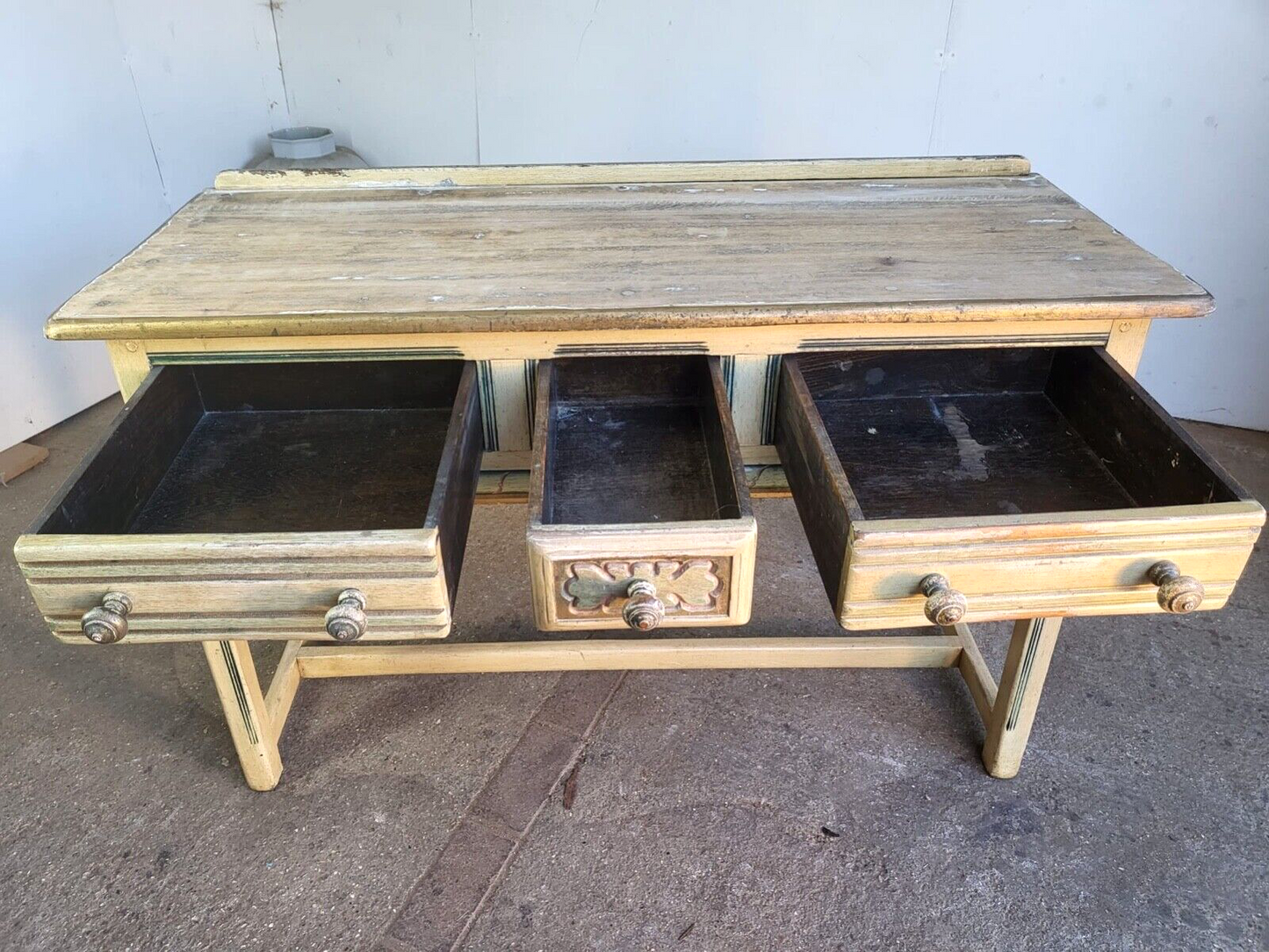 Vintage 20thC Painted Cream 3 Drawer Sideboard Server Dresser Table Square Legs