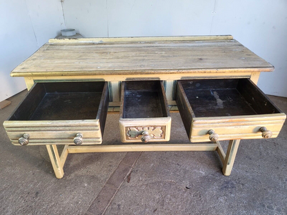 Vintage 20thC Painted Cream 3 Drawer Sideboard Server Dresser Table Square Legs