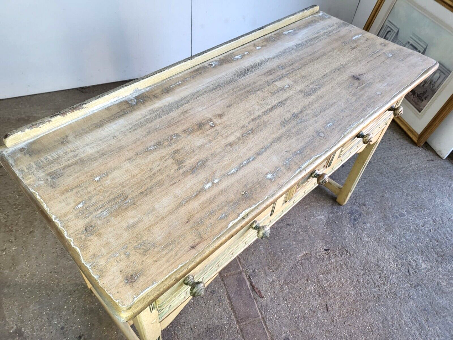 Vintage 20thC Painted Cream 3 Drawer Sideboard Server Dresser Table Square Legs