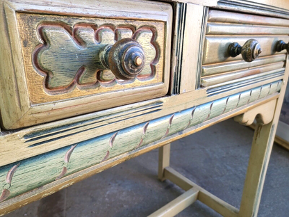 Vintage 20thC Painted Cream 3 Drawer Sideboard Server Dresser Table Square Legs