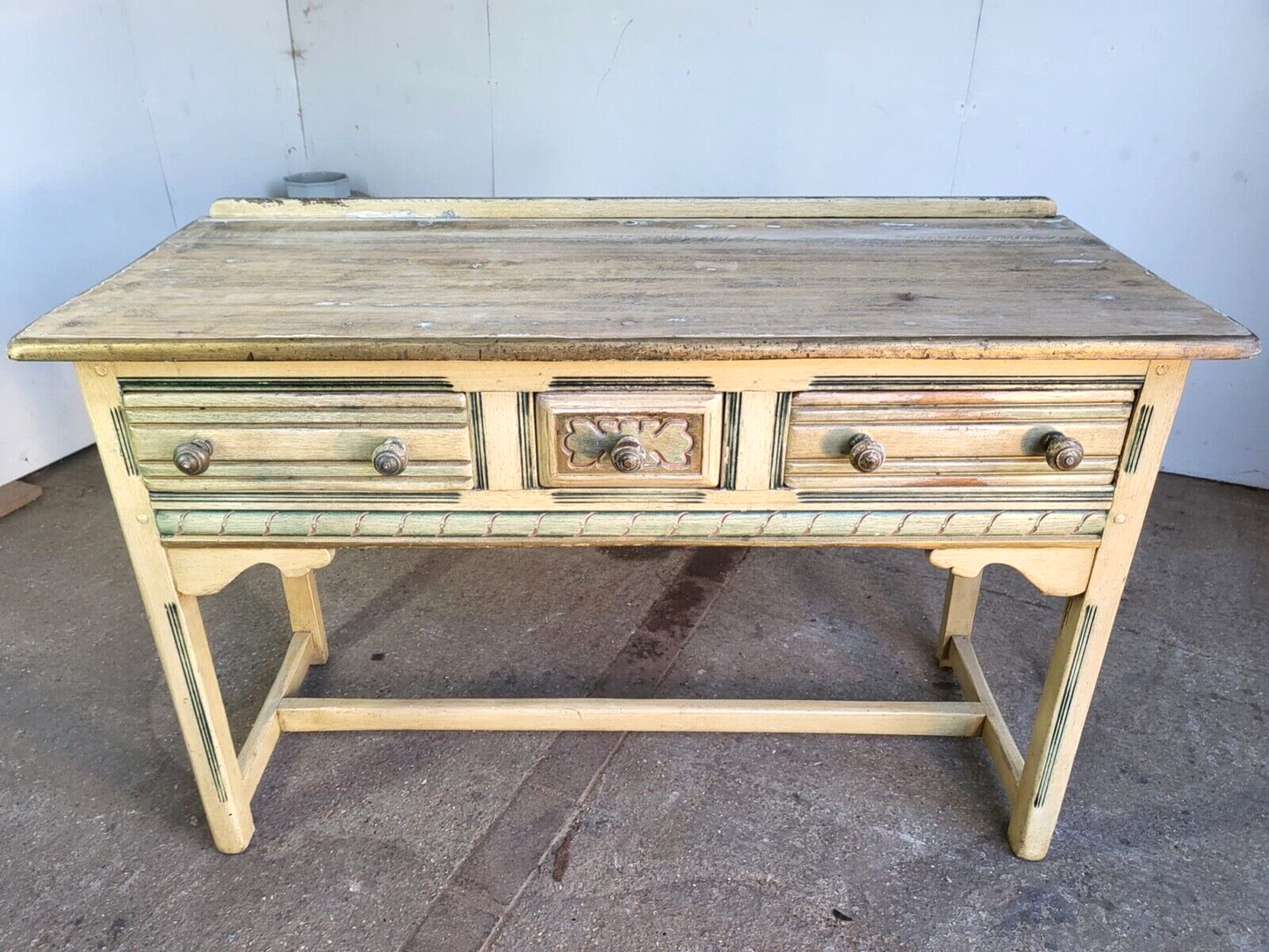 Vintage 20thC Painted Cream 3 Drawer Sideboard Server Dresser Table Square Legs