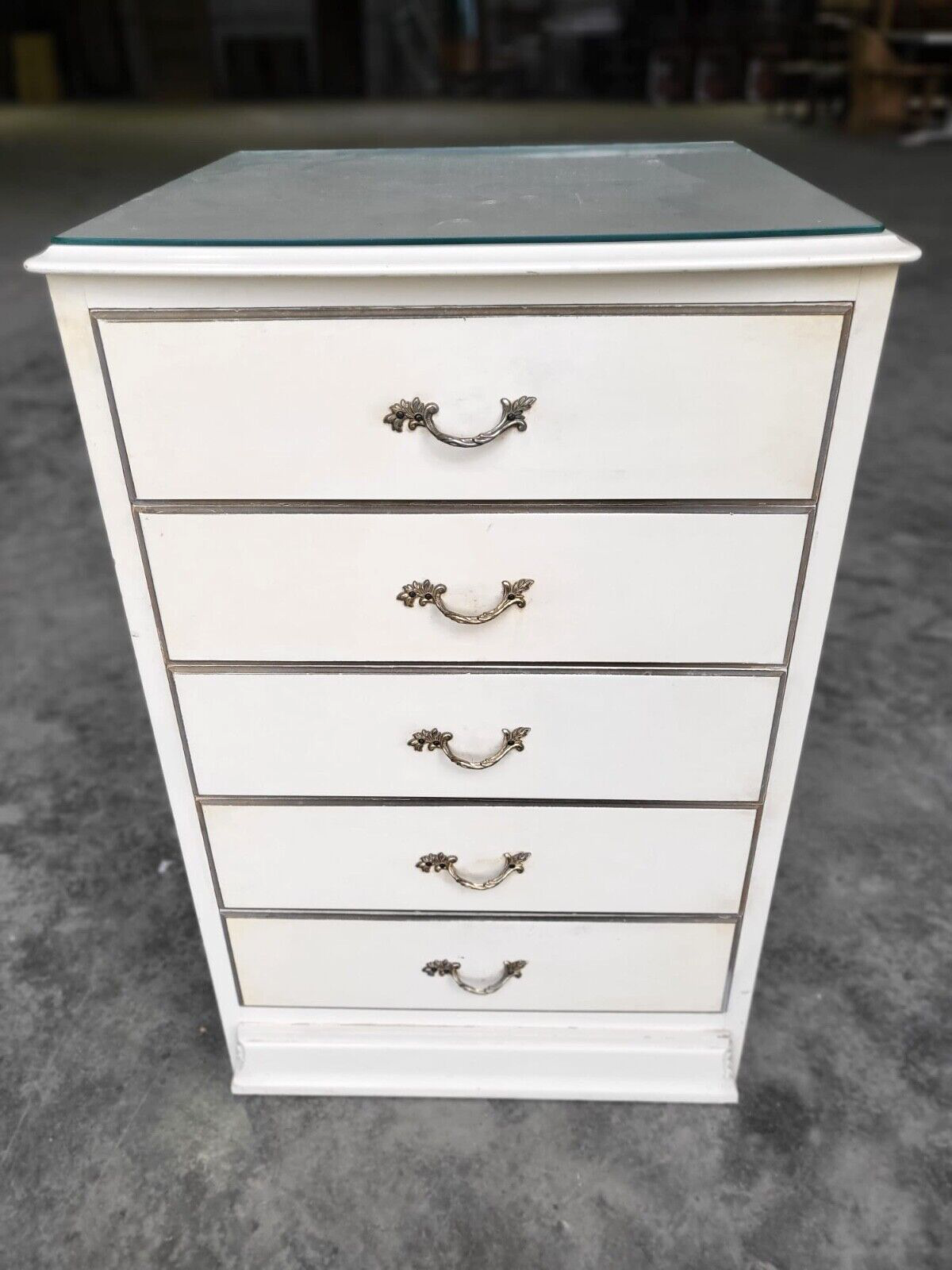 Vintage 20thC Small Tall Ivory French Chest of Drawers 5 Drawers Ornate Handles