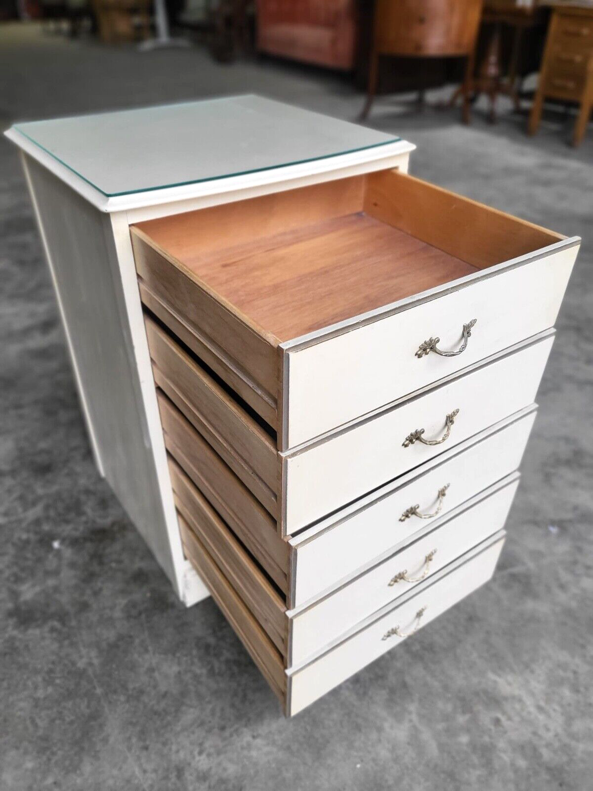 Vintage 20thC Small Tall Ivory French Chest of Drawers 5 Drawers Ornate Handles