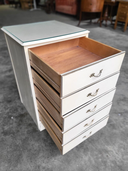 Vintage 20thC Small Tall Ivory French Chest of Drawers 5 Drawers Ornate Handles