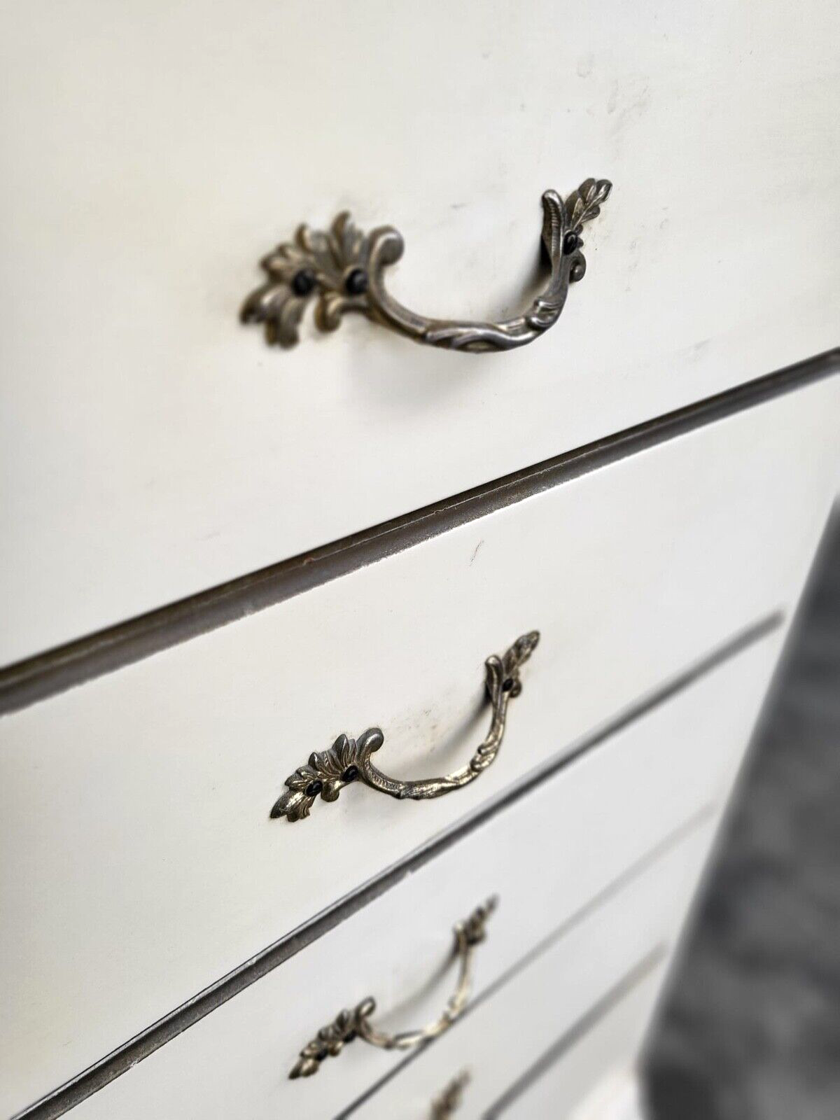 Vintage 20thC Small Tall Ivory French Chest of Drawers 5 Drawers Ornate Handles