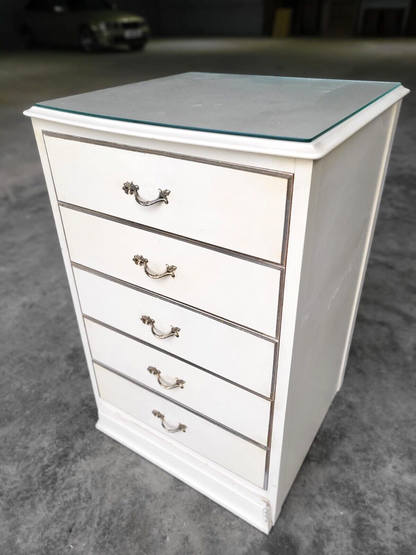 Vintage 20thC Small Tall Ivory French Chest of Drawers 5 Drawers Ornate Handles