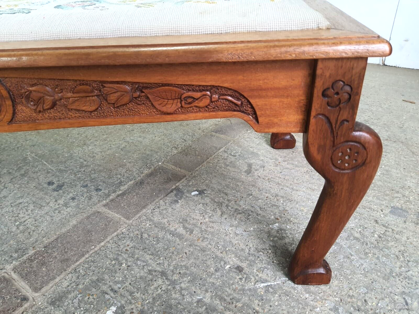 Vintage Beech Fender Double Stool Embroidered Fabric Floral Carved Cabriole Legs