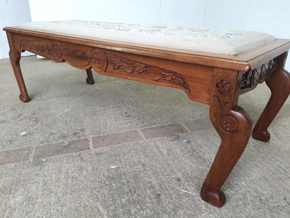 Vintage Beech Fender Double Stool Embroidered Fabric Floral Carved Cabriole Legs