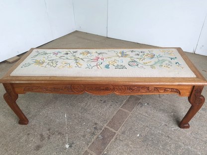 Vintage Beech Fender Double Stool Embroidered Fabric Floral Carved Cabriole Legs