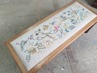 Vintage Beech Fender Double Stool Embroidered Fabric Floral Carved Cabriole Legs