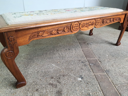 Vintage Beech Fender Double Stool Embroidered Fabric Floral Carved Cabriole Legs