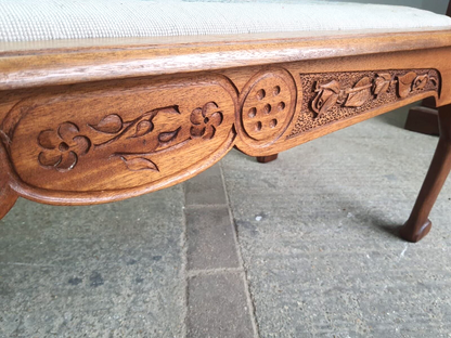 Vintage Beech Fender Double Stool Embroidered Fabric Floral Carved Cabriole Legs