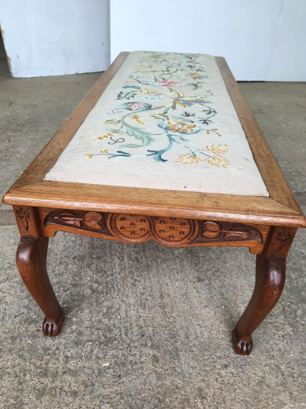 Vintage Beech Fender Double Stool Embroidered Fabric Floral Carved Cabriole Legs