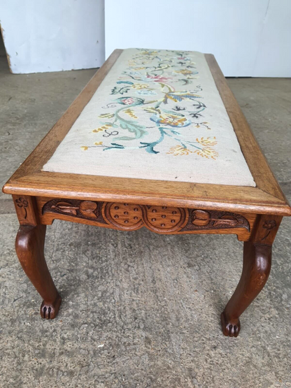 Vintage Beech Fender Double Stool Embroidered Fabric Floral Carved Cabriole Legs