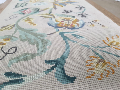 Vintage Beech Fender Double Stool Embroidered Fabric Floral Carved Cabriole Legs