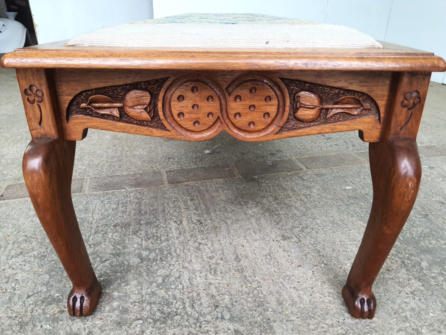 Vintage Beech Fender Double Stool Embroidered Fabric Floral Carved Cabriole Legs