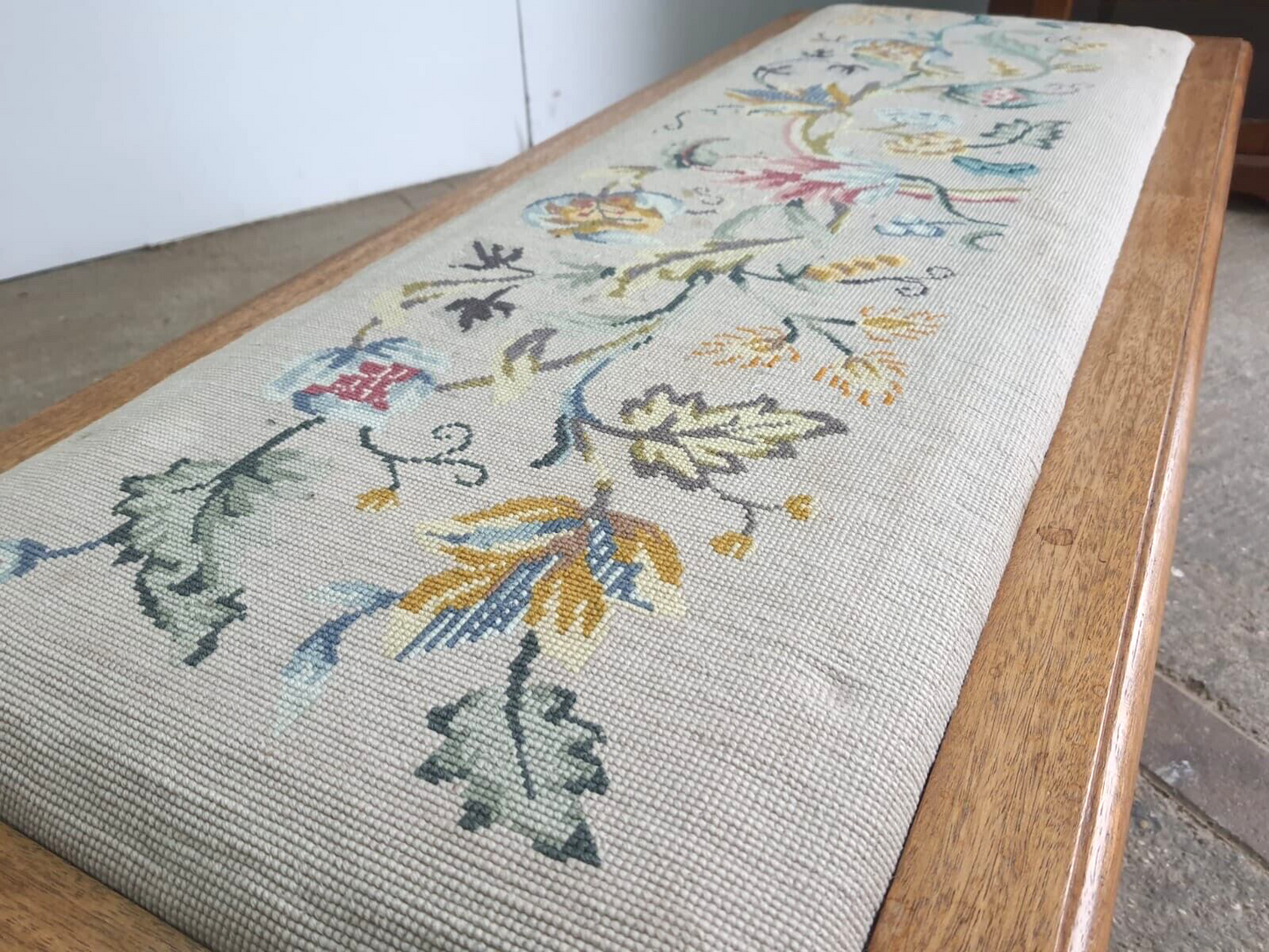 Vintage Beech Fender Double Stool Embroidered Fabric Floral Carved Cabriole Legs