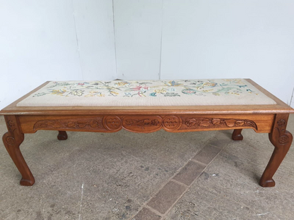 Vintage Beech Fender Double Stool Embroidered Fabric Floral Carved Cabriole Legs