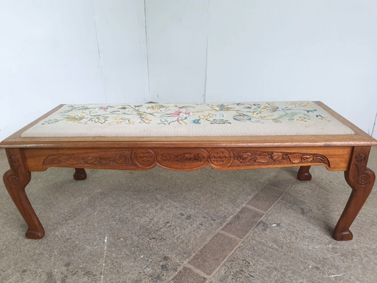 Vintage Beech Fender Double Stool Embroidered Fabric Floral Carved Cabriole Legs