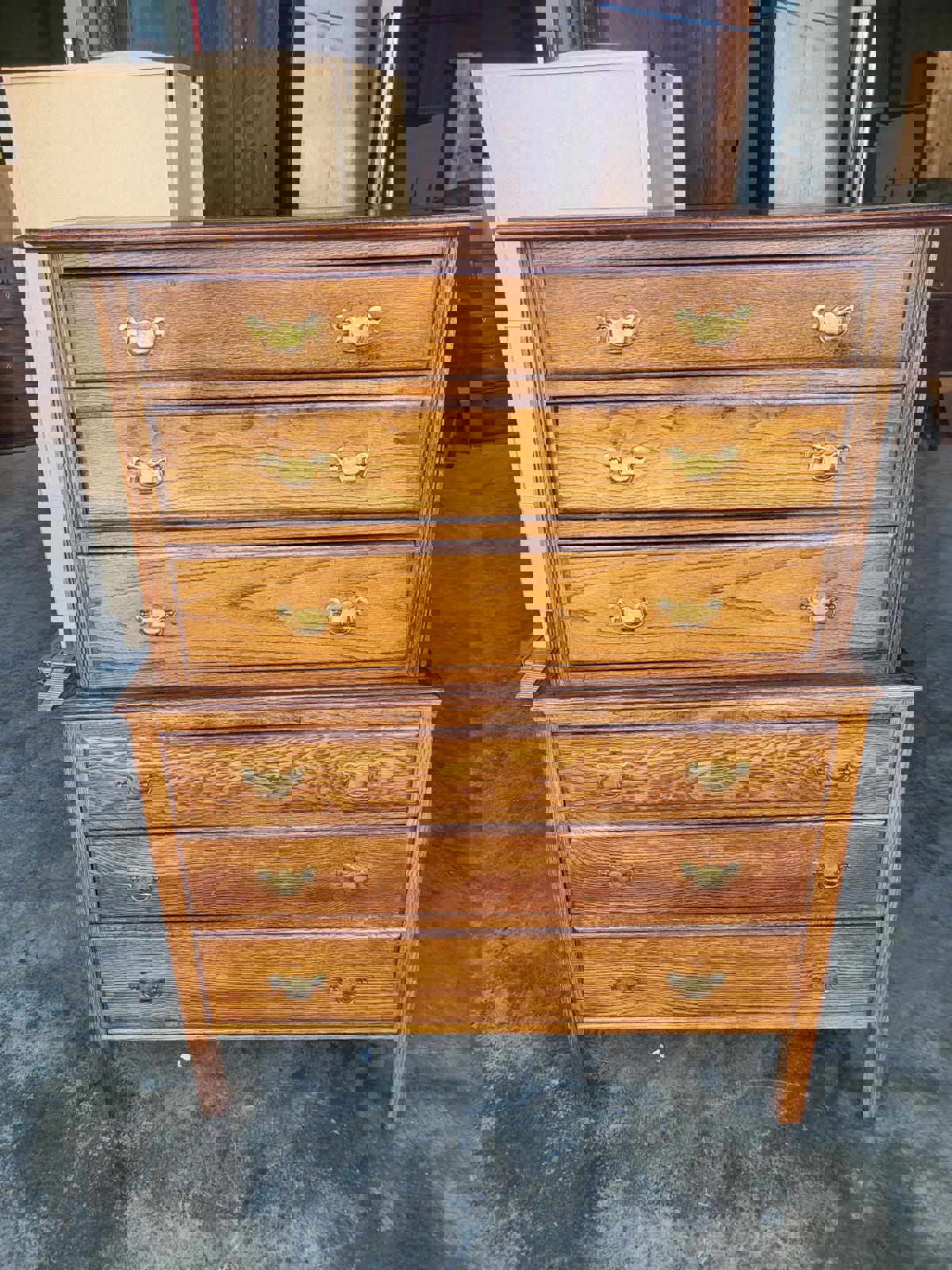 Vintage 1930's oak chest on chest of drawers metal handles