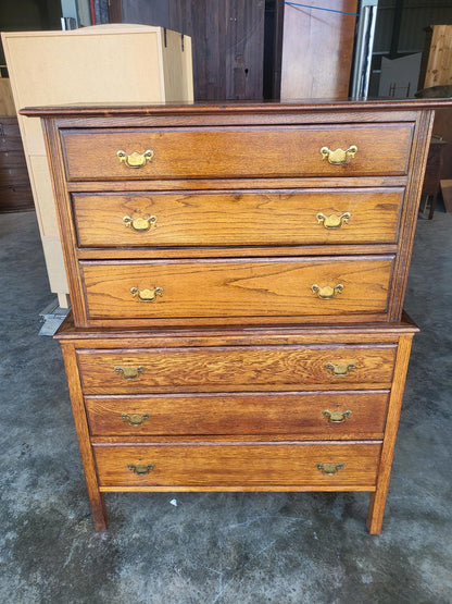 Vintage 1930's oak chest on chest of drawers metal handles