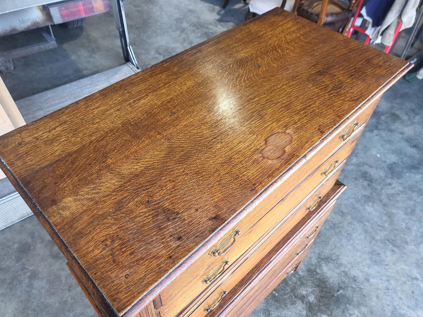 Vintage 1930's oak chest on chest of drawers metal handles