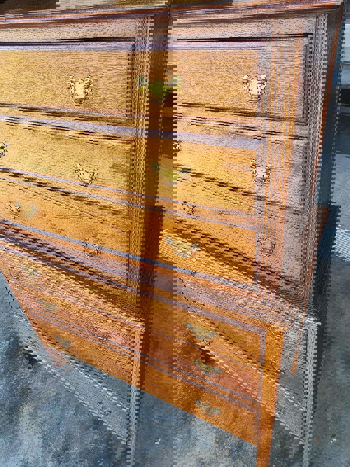 Vintage 1930's oak chest on chest of drawers metal handles