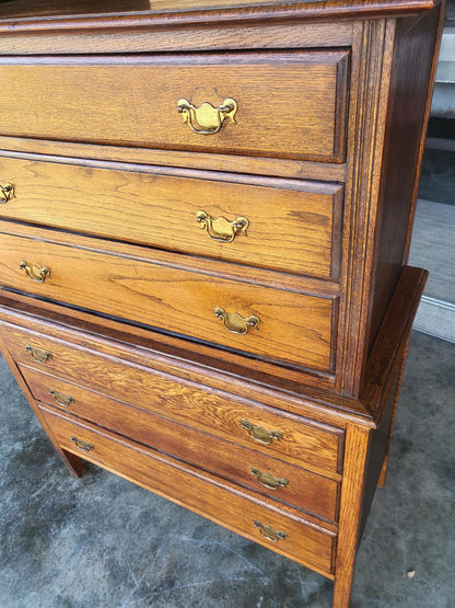 Vintage 1930's oak chest on chest of drawers metal handles