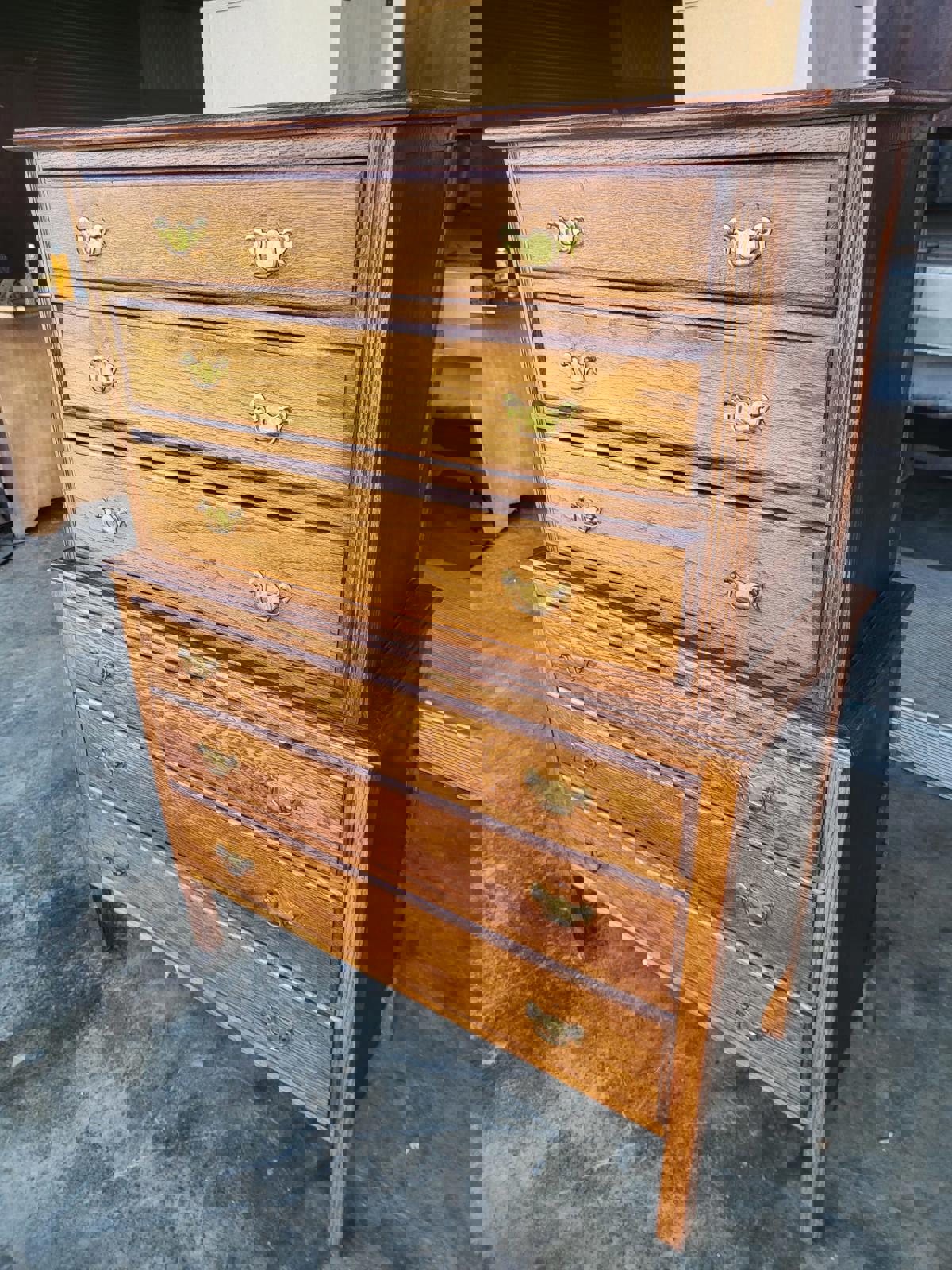 Vintage 1930's oak chest on chest of drawers metal handles