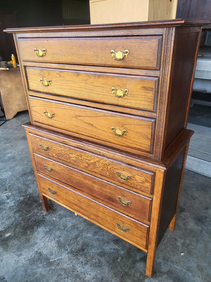 Vintage 1930's oak chest on chest of drawers metal handles
