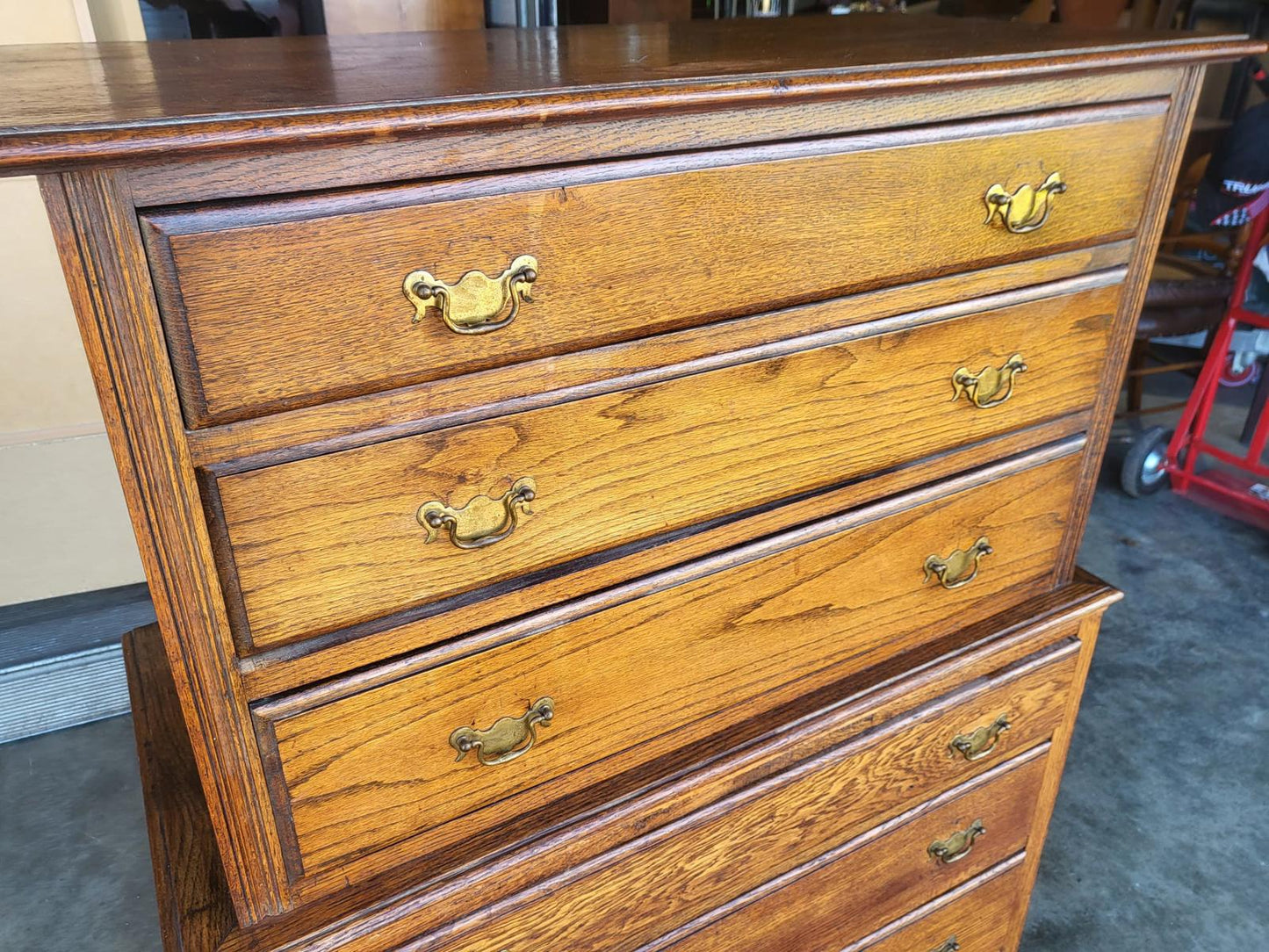 Vintage 1930's oak chest on chest of drawers metal handles