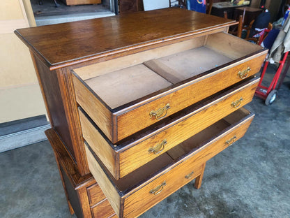 Vintage 1930's oak chest on chest of drawers metal handles