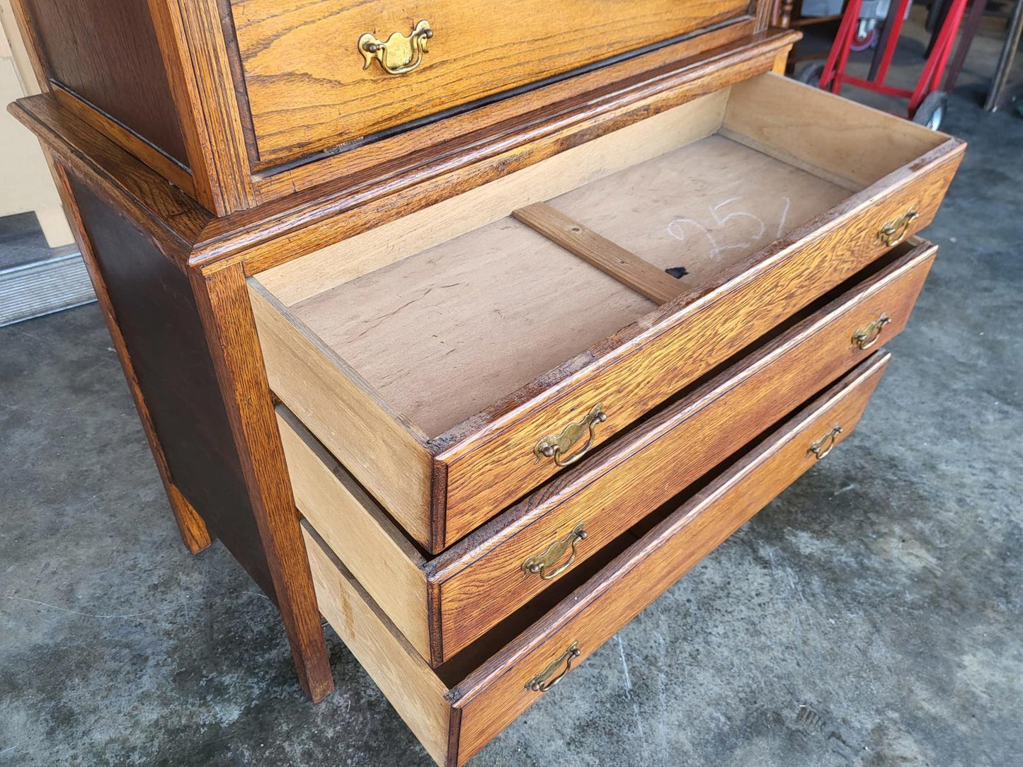 Vintage 1930's oak chest on chest of drawers metal handles