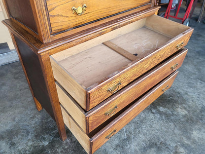 Vintage 1930's oak chest on chest of drawers metal handles